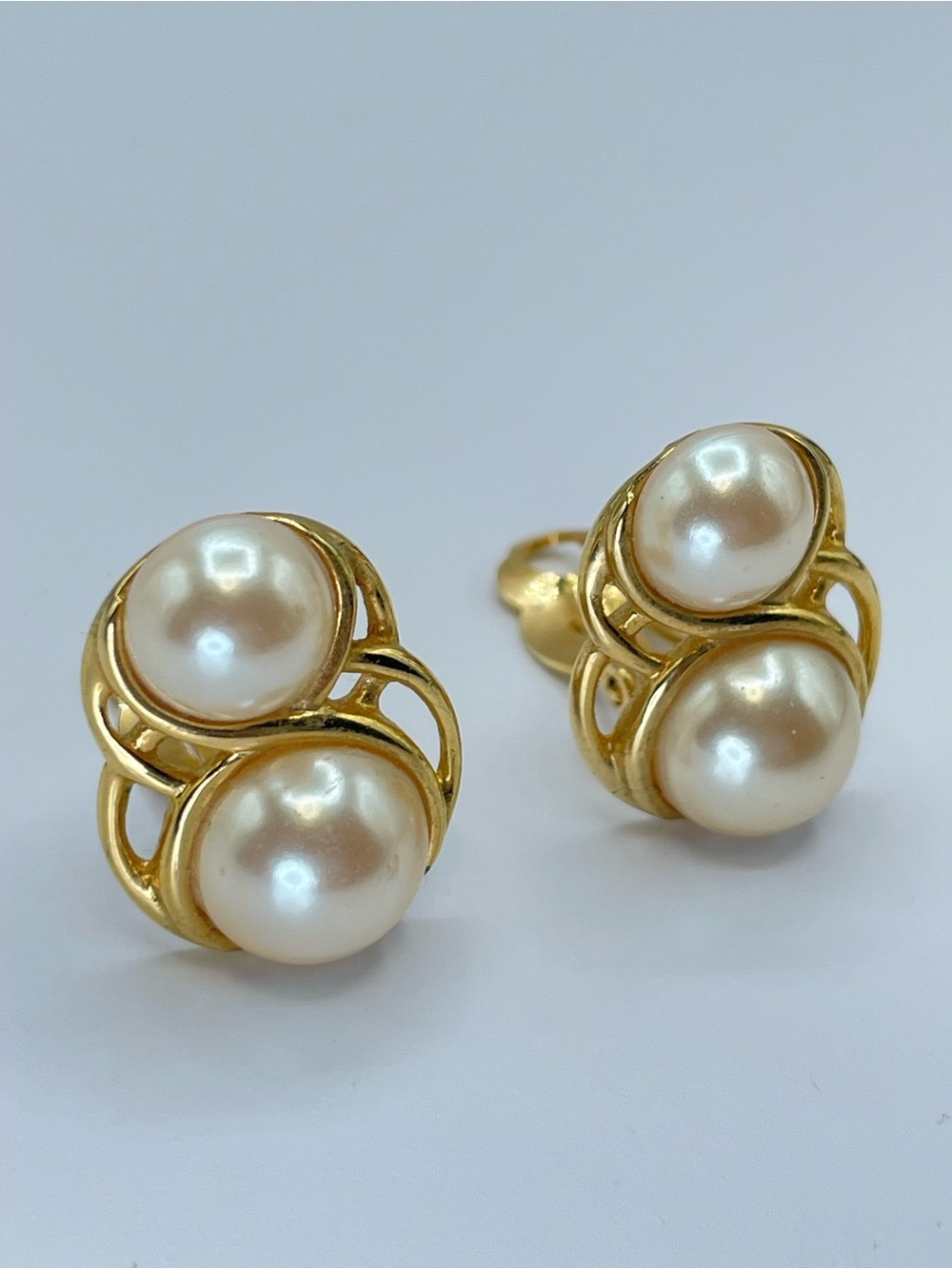 Vintage Richelieu Gold Tone Double Faux Pearl Clip On Statement Earrings